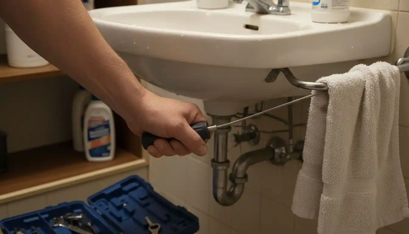 Zoom sur une main en train de déboucher une canalisation métallique avec un furet.