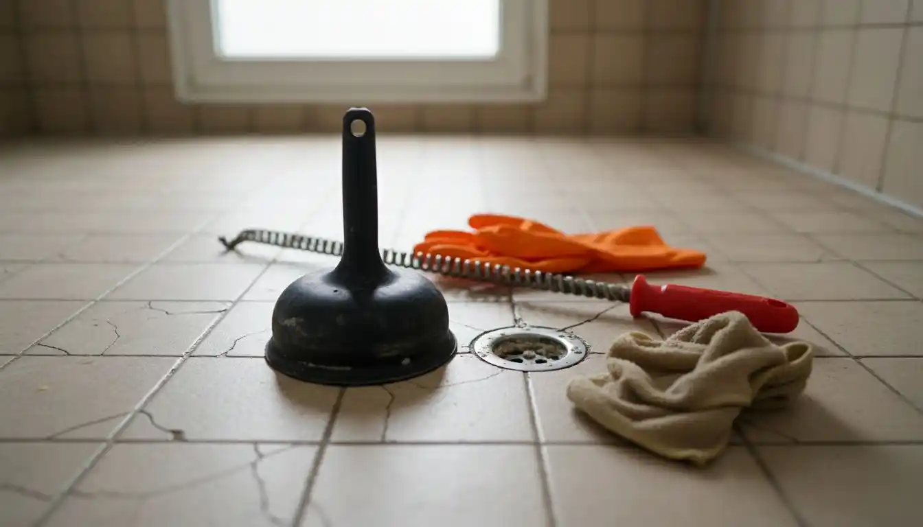 Des outils de débouchage parfaitement alignés sur le carrelage de la salle de bain