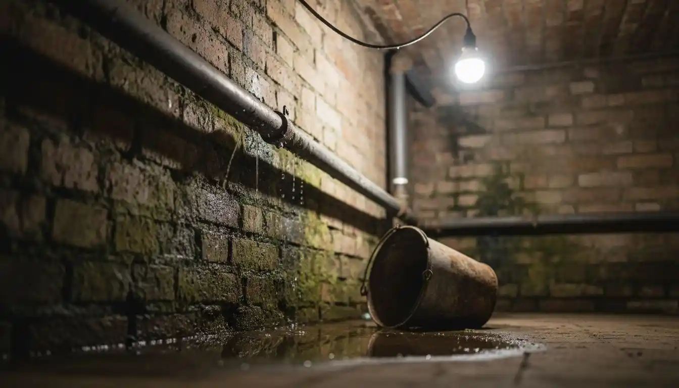 Problème de fuite sur une canalisation en plomb et présence de moisissures dans la cave.