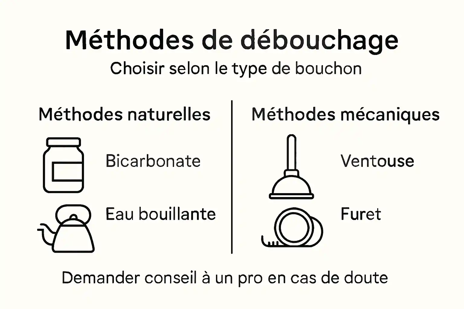 Infographie : astuces et techniques efficaces pour déboucher vos canalisations, des méthodes naturelles aux solutions mécaniques