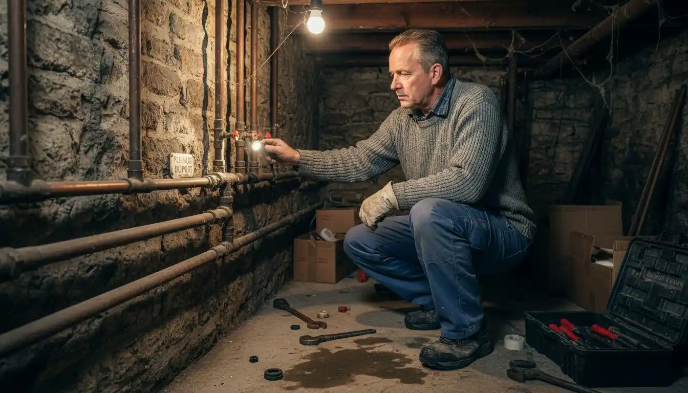 Un plombier procède à l’inspection des canalisations dans la cave d’une maison.
