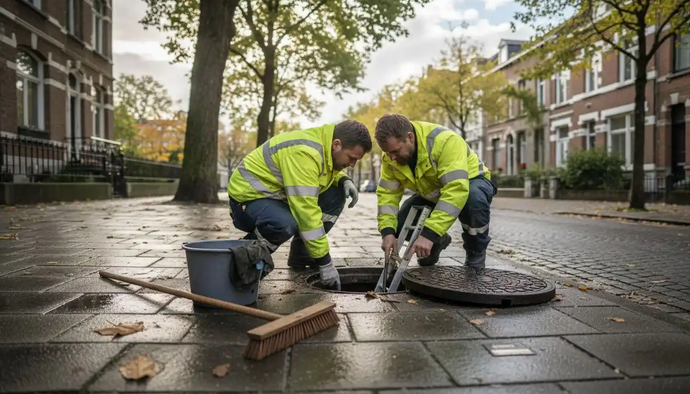 Des agents de maintenance procèdent à l’inspection d’une bouche d’égout sur la voie publique.