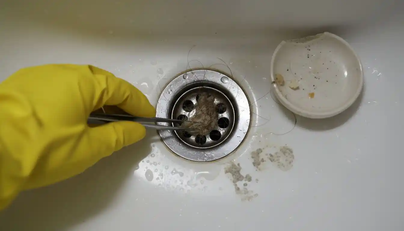Une main retire un amas de saletés qui obstrue l’évacuation du lavabo de la salle de bain.