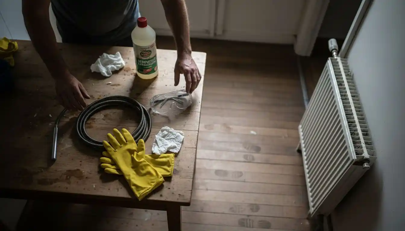 Une personne dispose soigneusement ses outils de débouchage sur la table, prête à s’attaquer à l’entretien des canalisations.