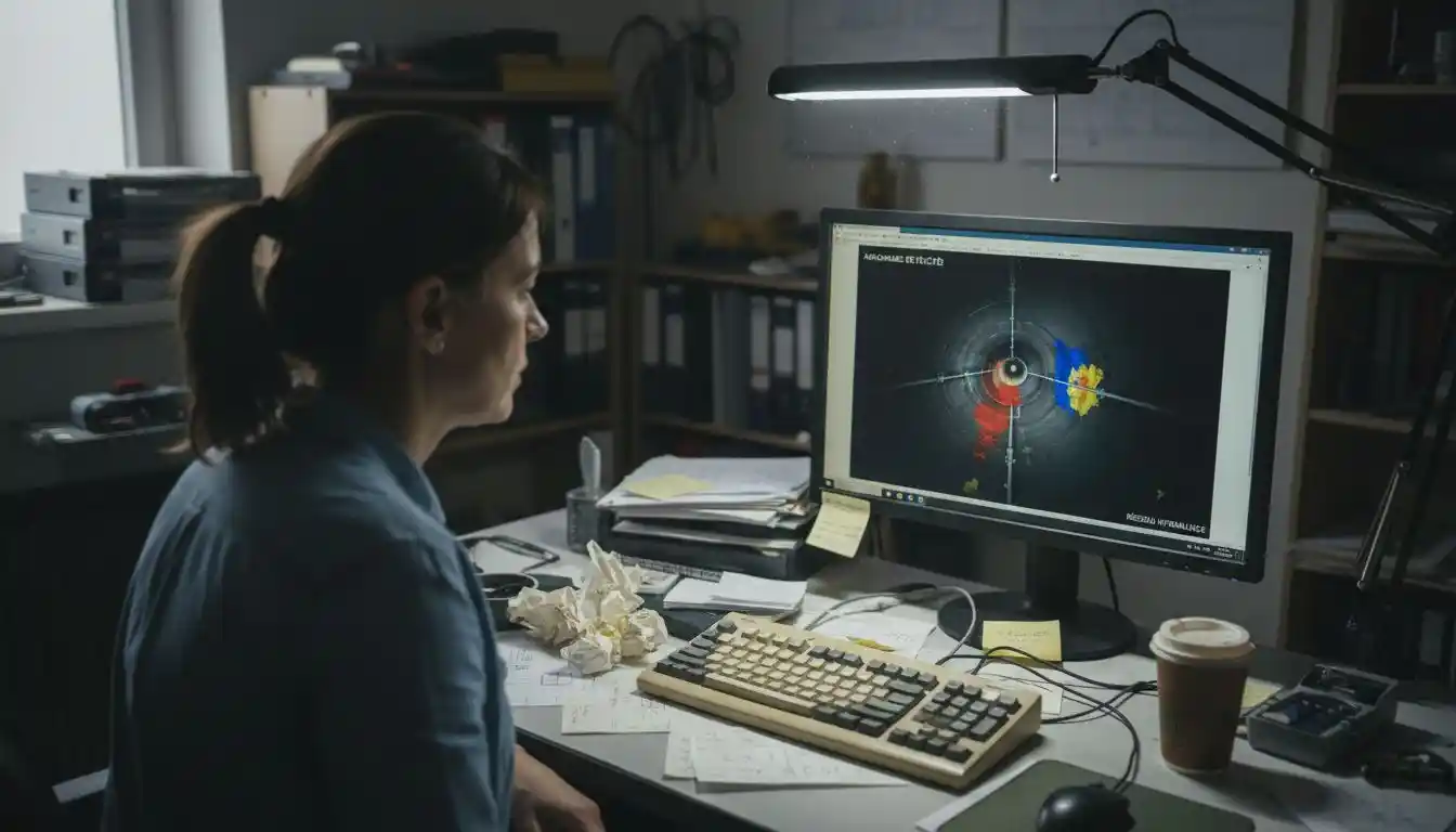 Une femme examine attentivement les résultats d’une inspection réalisée à l’aide d’une caméra.