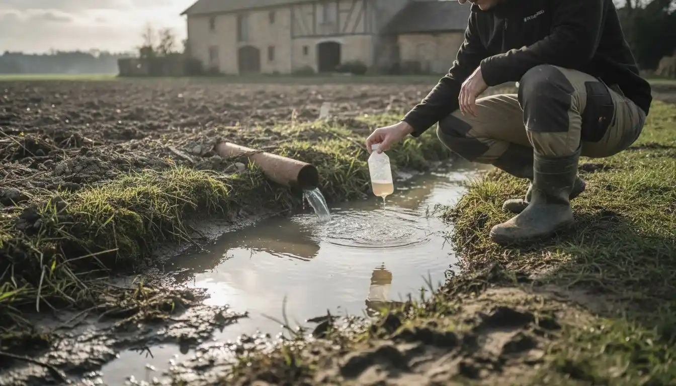 Un agent procède à des prélèvements d’eau dans la fosse afin d’évaluer les répercussions sur l’environnement.