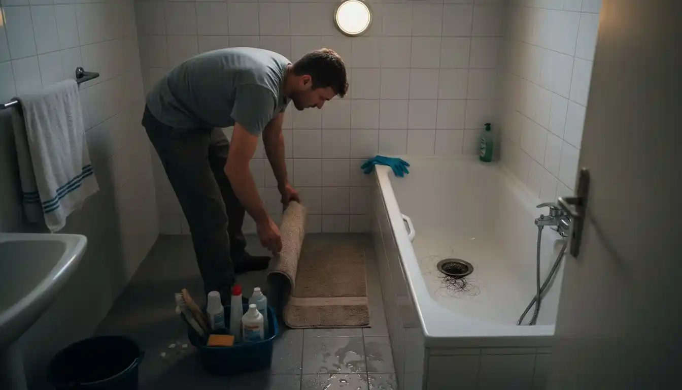 Un homme s'apprête à intervenir sur sa baignoire et prépare soigneusement l'espace pour déboucher.