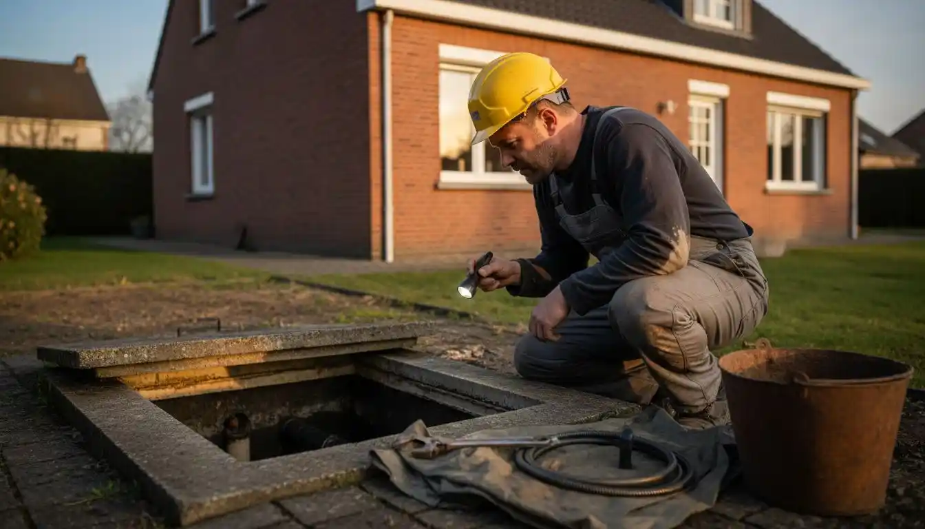 Un plombier en train de vérifier l’état d’une fosse septique