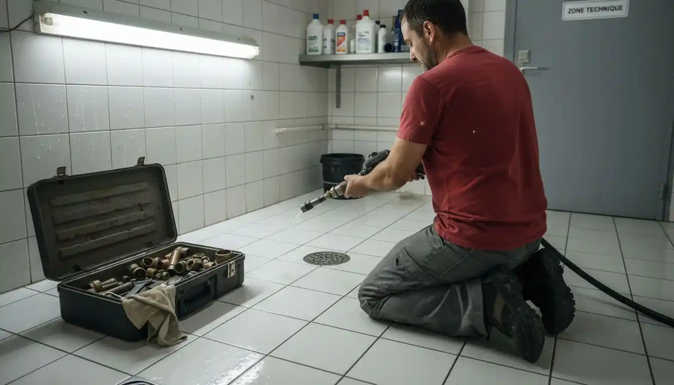 Un plombier intervient pour déboucher les canalisations dans le local technique.