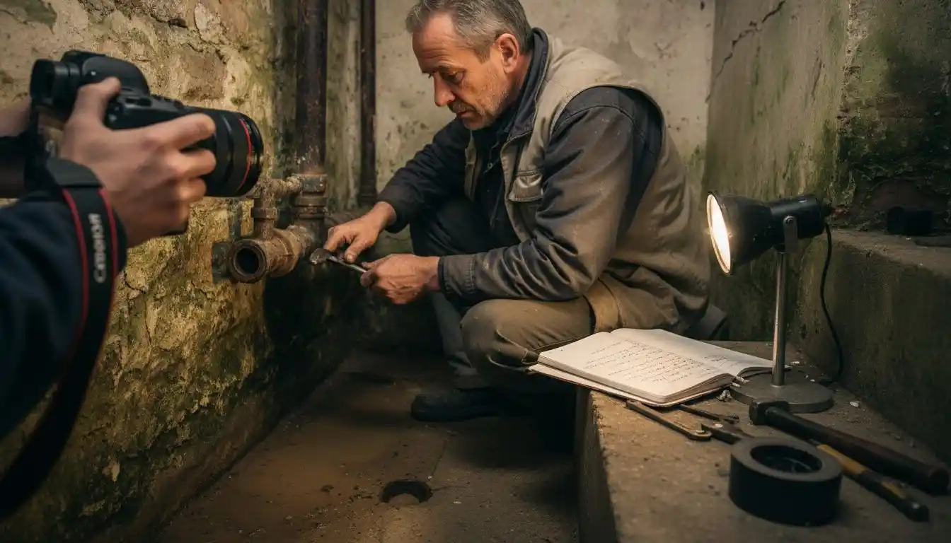 Un plombier vérifie l’état d’une canalisation située dans les sous-sols.