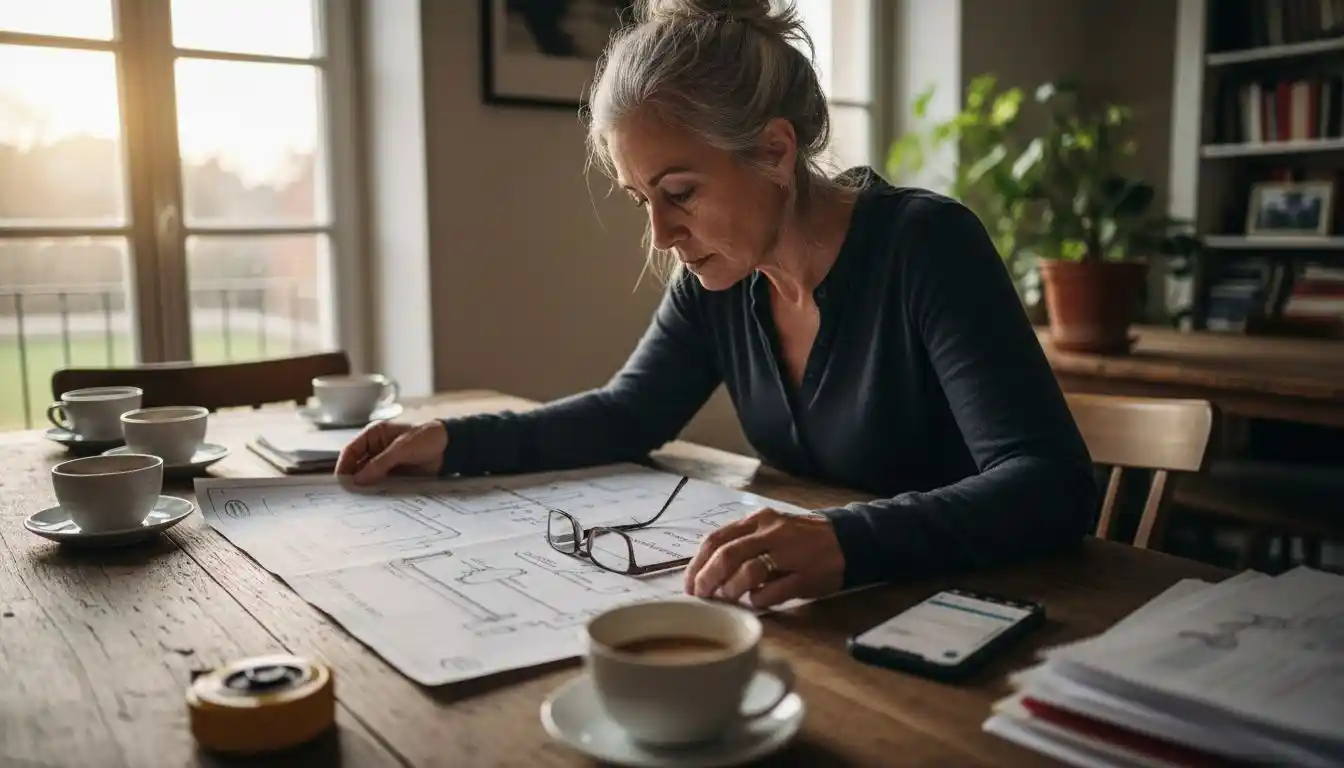 Un propriétaire passe en revue les plans de plomberie sur papier.