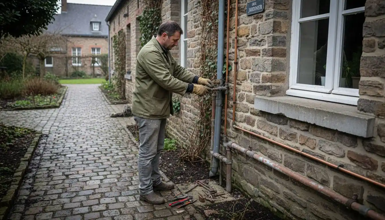 Un technicien inspecte les conduites d’évacuation extérieures.
