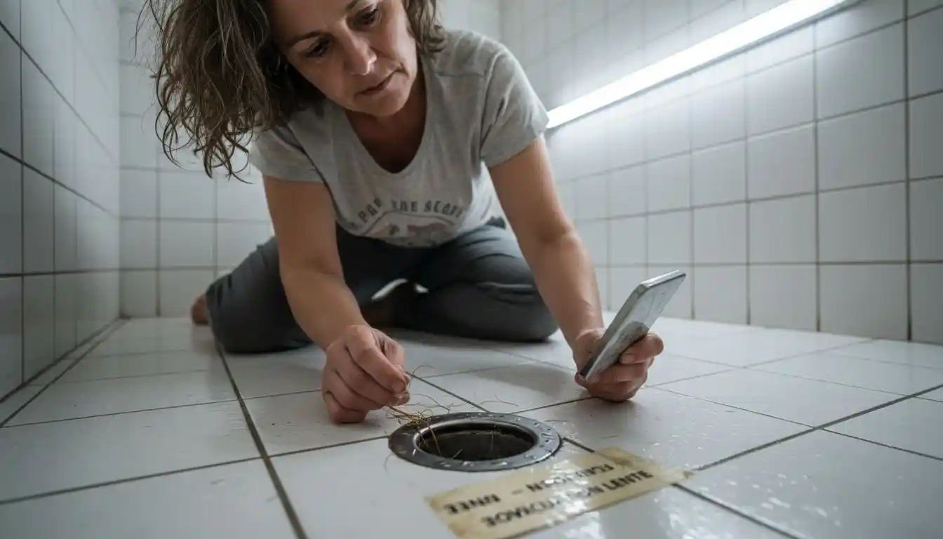 Une femme regarde l’eau de la douche qui peine à s’écouler.