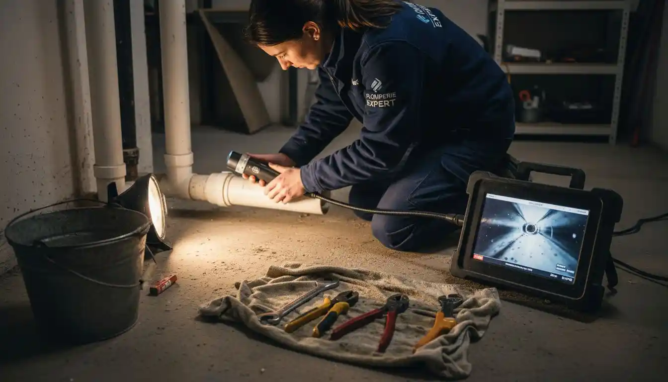 Une technicienne réalise l’inspection des canalisations à l’aide d’une caméra spécialisée.